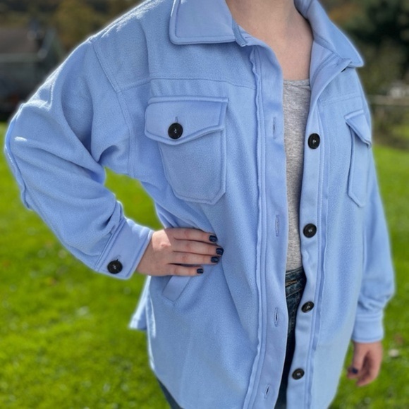 Zenana Outfitters Jackets & Blazers - Zenana All About the Fleece Lightweight Button-Down Shacket in baby blue small
